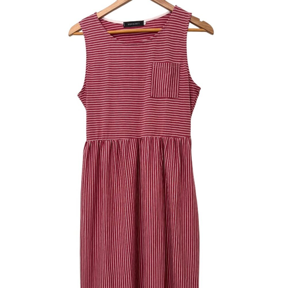 MEROKEETY Striped Sleeveless Midi Dress with Pockets Muted Red and White Size L
